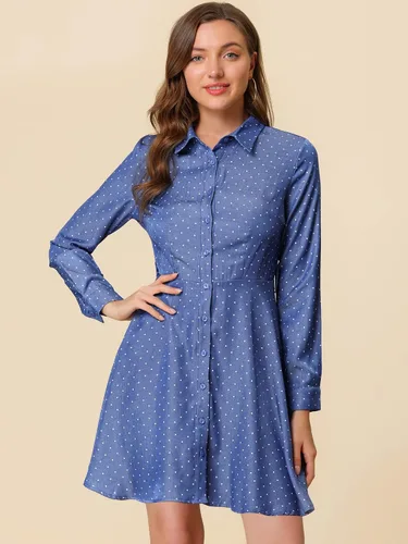 Vista 5 de Allegra K Vestido camisero con cinturón de lunares y manga larga con botones para mujer