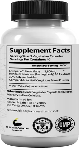 Vista 5 de Research Labs Cápsulas orgánicas de suplemento de melena de leones, 2 Fer 1 anuncio - 240 cápsulas con Patent Litropane™ Immune System Booster