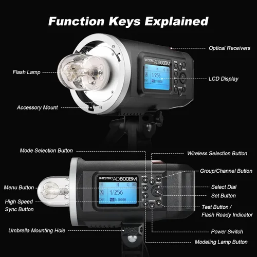 Vista 4 de Godox AD600BM Montura Bowens 600Ws GN87 Flash estroboscópico de alta velocidad para exteriores y estudio monoluz con sistema inalámbrico 2.4G X