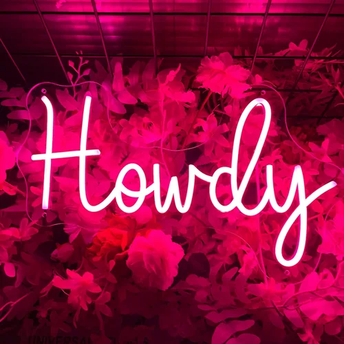 Vista 2 de Howdy Letrero de neón LED rosa para decoración de pared, funciona con USB, decoración de habitación de niñas, decoración de habitación de belleza