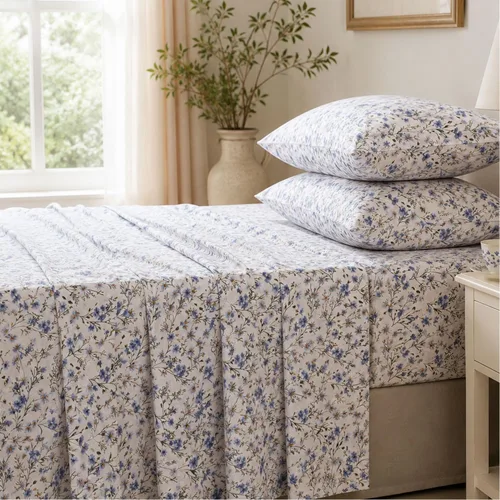 Vista 14 de FADFAY Juego de sábanas tamaño King, sábanas de algodón percal rosa floral con bolsillo profundo, ropa de cama vintage lujosa azul con estampado