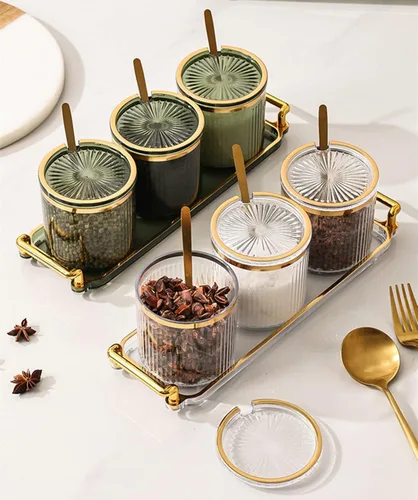 Vista 3 de Frascos Acrílicos para Condimentos y Especias, Caja de Condimentos y Especias con Tapas y Cucharas y Bandeja, Recipientes de Plástico Transparente