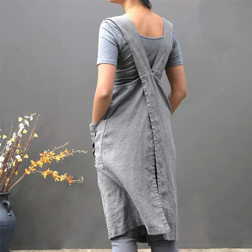 Vista 4 de XUNRYAN Delantal de lino de algodón para mujer, delantal cruzado en la espalda, vestido para hornear, cocinar, jardinería, trabajo, vestido