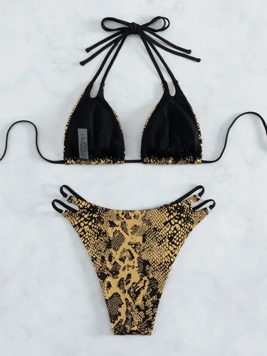 Vista 2 de WDIRARA Traje de baño de 2 piezas para mujer, con estampado de piel de serpiente, corte halter, triángulo, traje de baño de playa