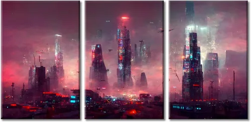 Vista 44 de Cuadros de 3 paneles de Cyberpunk City - Arte de pared de vallas publicitarias de edificios modernos en la capital con obras de arte modernas