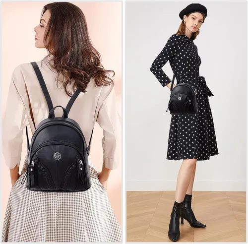 Vista 3 de AngelKiss - Mini mochila para mujeres y niñas antirrobo de cuero suave casual bolsa de hombro a la moda para mujer Negro Black-1 S Viajar