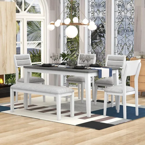 Vista 17 de Merax Juego de 6 piezas de comedor de 60 pulgadas para el hogar, cocina, comedor, juego de mesa rectangular con 4 sillas tapizadas y un banco, juego