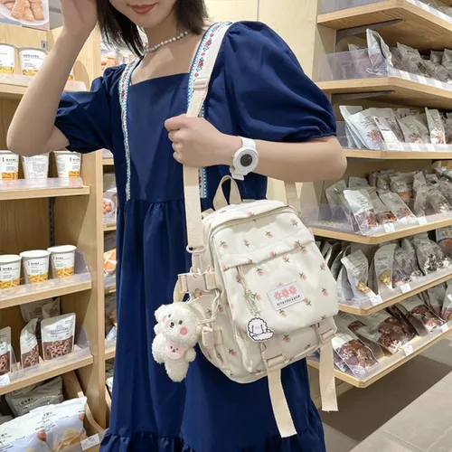 Vista 3 de Mochila estética Kawaii de 10.6 pulgadas con colgante mini mochila escolar linda mochila escolar japonesa mochila de flores, Blanco, Kawaii