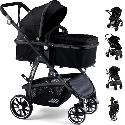 Vista 9 de Hagaday Cochecito de bebé, asiento reversible 2 en 1 para niños pequeños con modo moisés, cochecito infantil plegable con toldo, freno de un botón