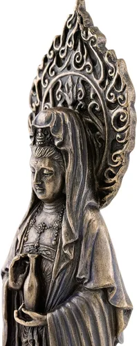 Vista 5 de Top Collection Estatua meditadora de Guan Yin de pie sobre pedestal de loto, escultura de la diosa de la misericordia y la compasión de Kwan Yin