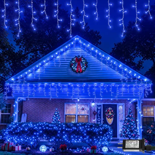 Vista 20 de Luces de carámbano azules y blancas para exteriores, tira de 400 luces LED de 33 pies para interiores, 8 modos conectables, luz de Navidad de Azul