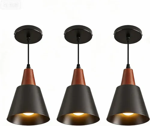 Vista 10 de Paquete de 2 luces colgantes, luces colgantes negras para isla de cocina, cúpula de madera, luces colgantes industriales minimalistas para isla
