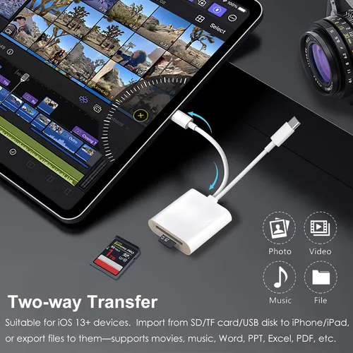 Vista 5 de Lector de tarjetas SD para iPhone iPad, adaptador de tarjeta SD/Micro SD 2 en 1, conector dual (Lightning y USB-C) para tarjetas de memoria SD y TF
