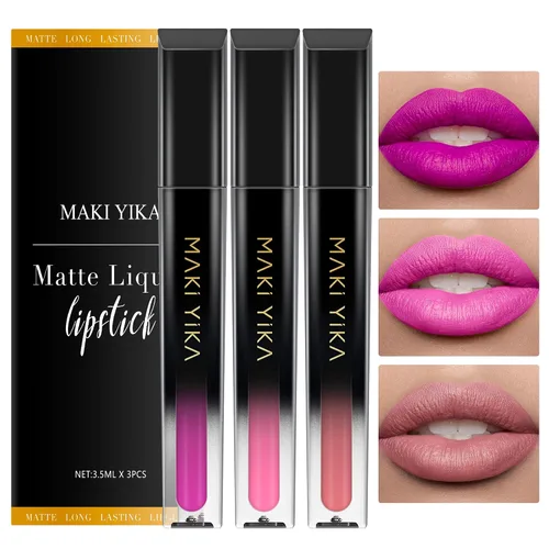 Vista 16 de MAKI YIKA Juego de 3 lápices labiales líquidos mate, color negro y rojo Negro/Rojo Oscuro/Desnudo