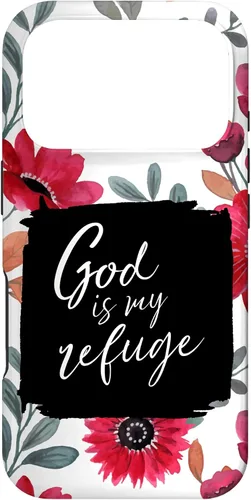 Vista 30 de God is My Refuge - Carcasa para iPhone 16, diseño de flores rojas con versículo bíblico del Salmo 91