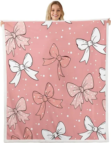 Vista 28 de Manta de franela de forro polar con lazos rosados femeninos de 40 x 50 pulgadas, manta mullida de corazones para el día de San Valentín para sofá