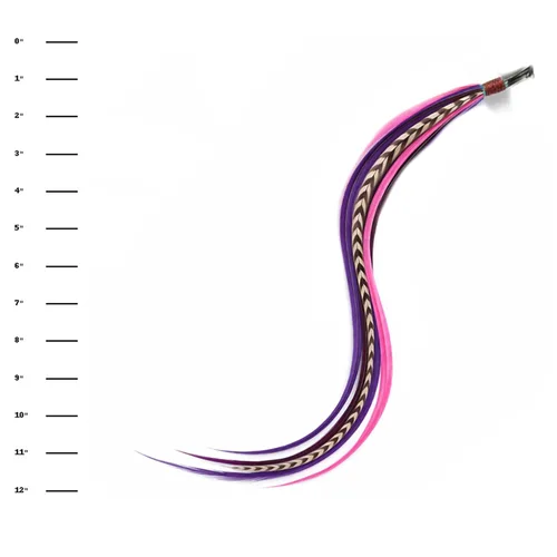 Vista 4 de Extensión de pelo de plumas: plumas rosadas, moradas y pardas, todas unidas en la punta, que van de 6 a 12 pulgadas de largo, con un total de 5