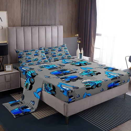 Vista 24 de Erosebridal Juego de sábanas de automóvil de dibujos animados para niños, juego de ropa de cama de camiones, tamaño individual, sábana bajera