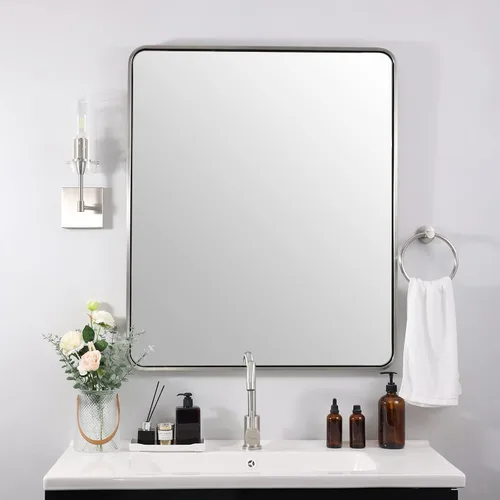 Vista 27 de Espejo de latón para baño, espejo rectangular redondeado de 22x30 pulgadas con marco de metal cepillado dorado, espejo de tocador de baño sin