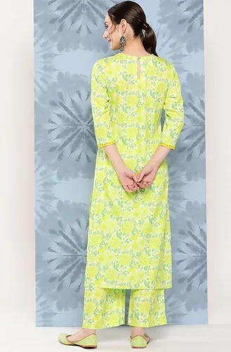 Vista 8 de Janasya Kurta con estampado digital de crepé verde limón para mujer india con palazzo