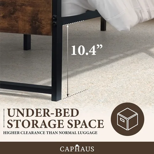 Vista 5 de CAPHAUS Base de cama de metal con cabecera y estribo de madera, plataforma de metal con marco de acero de primera calidad, base de colchón, sin