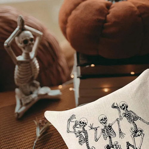Vista 2 de Funda de almohada con diseño de calavera de Halloween, decoración del hogar, lino y algodón, funda de cojín de 18 x 18 pulgadas / 45.72 x 45.72 cm.