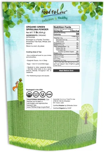 Vista 2 de Polvo de espirulina orgánica, 1 libra, sin OMG, Kosher, algas azules y verdes crudas, superalimento vegano, a granel, no irradiado, proteína verde