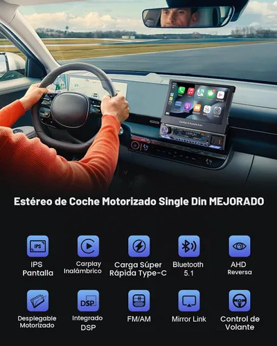 Vista 2 de Estéreo de auto de un solo DIN 2025 con Apple CarPlay y Android Auto - Radio de coche Bluetooth 5.1 de 7 pulgadas con pantalla táctil motorizada