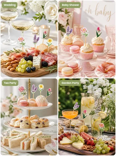 Vista 4 de 100 púas de cóctel florales, brochetas para aperitivos y bebidas