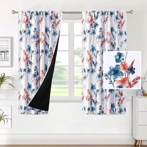 Vista 34 de H.VERSAILTEX cenefas de cortina 100% opacas para ventanas de cocina, juego de 2 paneles, estampado floral Cattleya Leah, cenefas térmicas aisladas