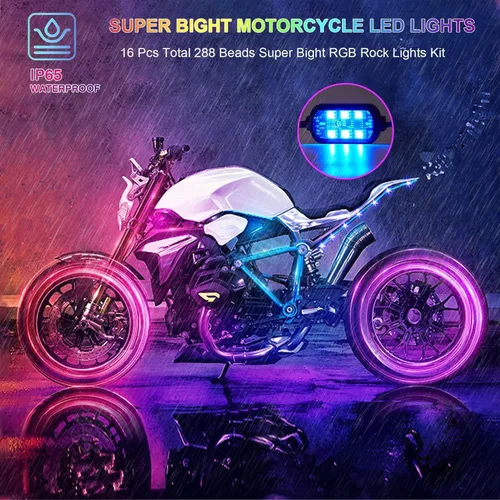 Vista 2 de Kit de 16 luces LED RGB perseguidoras para motocicleta para Harley Davidson Kawasaki Suzuki, kit impermeable de tiras de luces inferiores mágicas