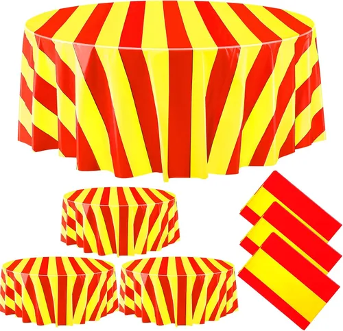 Vista 12 de Tatuo 6 manteles redondos de circo negro y naranja de 84 pulgadas, manteles de circo de carnaval, a rayas, desechables, de plástico, para fiestas