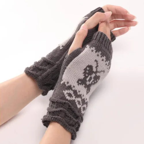 Vista 4 de Guantes elásticos de punto con diseño de mariposa para otoño e invierno para el pulgar hasta la muñeca gris oscuro