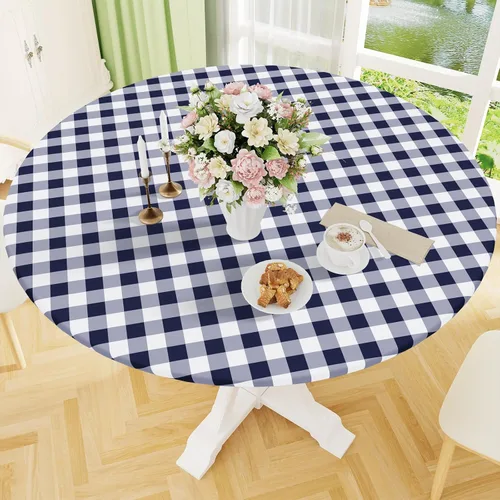Vista 17 de Smiry - Mantel redondo de picnic de vinilo elástico impermeable con respaldo de franela, mantel de vinilo ajustable para mesas de 31-35 pulgadas