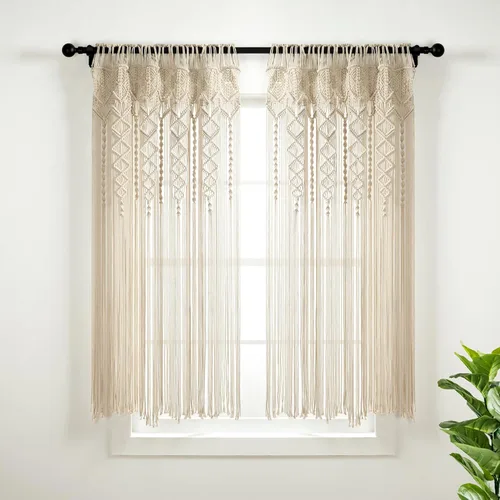 Vista 14 de Lush Decor Panel Individual de Cortina de Ventana de Algodón Texturizado Macramé Boho 40" An x 84" L Rubor - Cortinas de Macramé para Ventanas