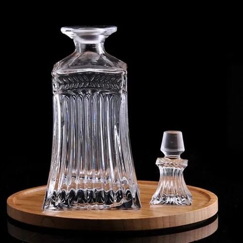 Vista 6 de Decantador de vidrio con tapón geométrico hermético, decantador de whisky para vino, bourbon, brandy, licor, jugo, agua, enjuague bucal, vidrio