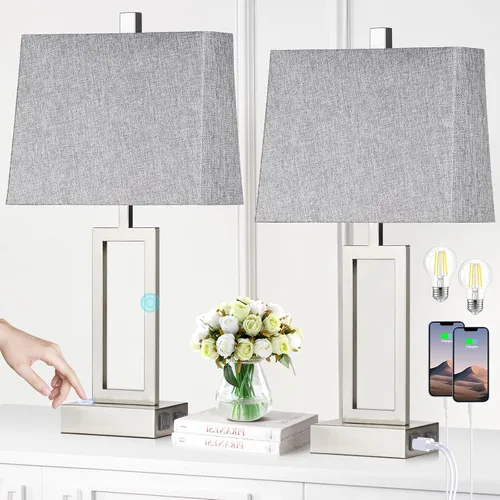 Vista 10 de Rinweey Juego de 2 lámparas de mesa de 23.5 pulgadas, modernas lámparas de noche negras con 2 puertos USB y salida de CA, lámparas de mesita