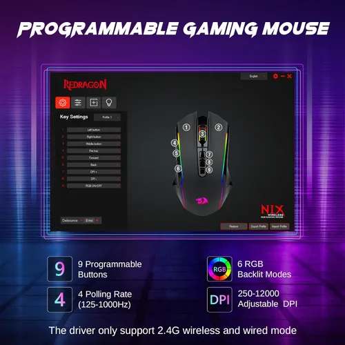 Vista 4 de Redragon Ratón inalámbrico para juegos, triple modo 2.4GUSB-CBluetooth, 12000 DPI, retroiluminación RGB, totalmente programable, mouse inalámbrico