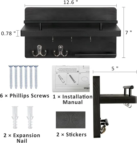 Vista 4 de OurWarm Soporte para llaves de pared con 5 ganchos para llaves, para colgar en la pared, con estante para llaves y correo, organizador de correos