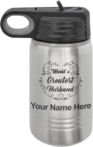 Vista 34 de LaserGram Botella de agua con tapa abatible de doble pared de 12 onzas con pajilla, grabado personalizado incluido (negro)