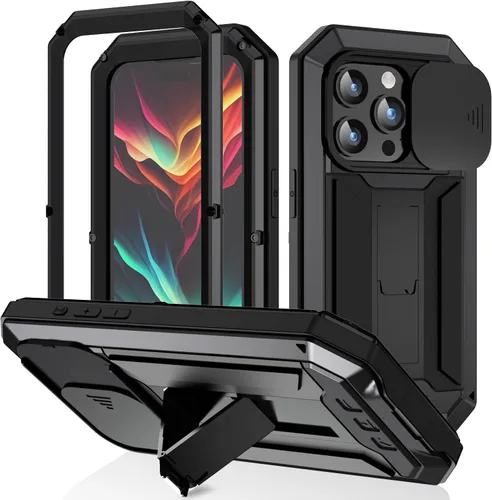 Vista 15 de Simicoo Funda compatible con iPhone 14 con protector de cámara de pantalla con función atril, resistente al agua, de metal militar, resistente