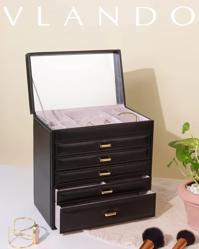 Vista 2 de Vlando Joyero grande de 6 niveles para mujer, organizador de joyas grande con espejo, organizador de joyas para cajón, collar, anillo, pulsera