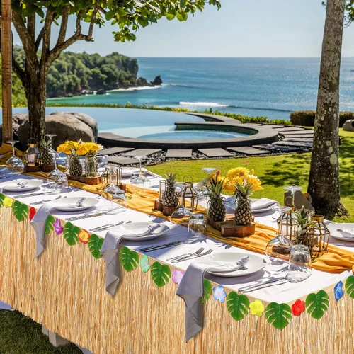 Vista 5 de Aodaer Paquete de 4 faldas hawaianas de mesa de hierba de 108 x 30 pulgadas, falda de mesa Luau con paja, decoración de fiesta temática hawaiana