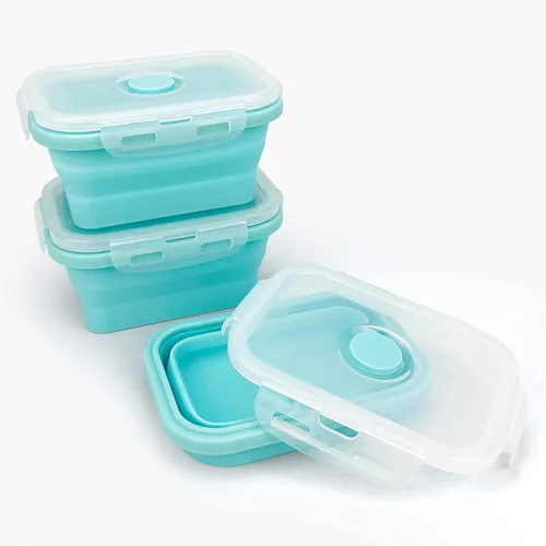 Vista 3 de CCyanzi Contenedores plegables de almacenamiento de alimentos de 3 piezas con tapas, contenedor de almuerzo de silicona, apto para microondas