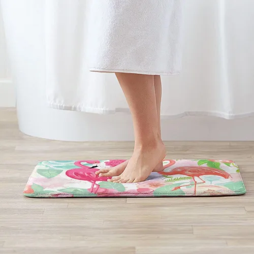 Vista 2 de Alfombra de baño tropical de flamenco para baño, tapetes de felpa pequeños, suaves, lavables, antideslizantes, absorbentes, alfombras de ducha