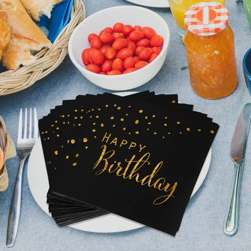 Vista 7 de DYLIVeS Servilletas de feliz cumpleaños, servilletas de papel de aluminio negro y dorado, servilletas de papel desechables para cena, picnic (Negro)