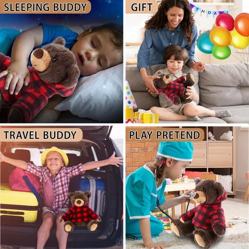Vista 4 de DolliBu Oso marrón de felpa con capucha a cuadros rojos, oso suave y abrazable, adorable peluche de oso marrón del zoológico, bonito regalo