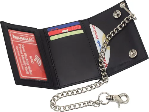 Vista 4 de MARSHAL Motocicleta Llamas RFID Bloqueo Tri-Fold Cuero Genuino Biker Cadena Billetera, Negro, Flames, Cartera Biker
