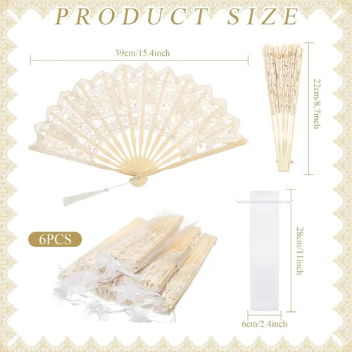 Vista 4 de Beeveer - 6 abanicos de mano plegables de encaje para boda, algodón bordado, color beige Bamboo Staves Silk Tassels, Vintage Retro, Handheld