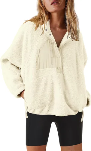 Vista 17 de Nirovien - Chaqueta de forro polar con capucha para mujer, manga larga, sherpa, sudadera mullida, abrigada, con botones y bolsillos Un rosa